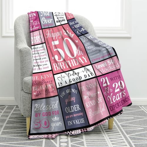 Jekeno 50th Birthday Gifts for Her Blanket, 50th Birthday Gifts Ideas for Women Mom Auntie Sister, Best Gift for 50 Year Old Woman, 1975 Valentines Mother's Day Christmas Decoration Soft Throw 50"x60" - color: Pink 50th Birthday Gifts