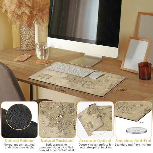 Middle Earth Map Large Extended Gaming Mouse Pad Fantasy Map Desk Mat 31.5 x 15.8 in, XXL Mousepad for Keyboard and Mouse, Non-Slip Rubber Base Mousepad with Stitched Edges for Office Desk Decor - color: Middle Earth Map