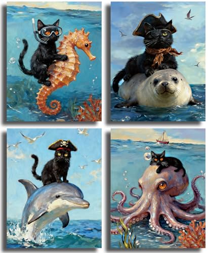 4 Pieces Black Cat Wall Art,Funny Quirky Cat and Octopus Pictures Canvas Print,Bathroom Wall Art,Abstract Animals Seahorse Manatee Dolphin Octopus Poster Decor for Home Decor,No Frame（8"x10"inch） - color: 8x10inch（unframed) Funny Quirky Cat and Octopus Pi