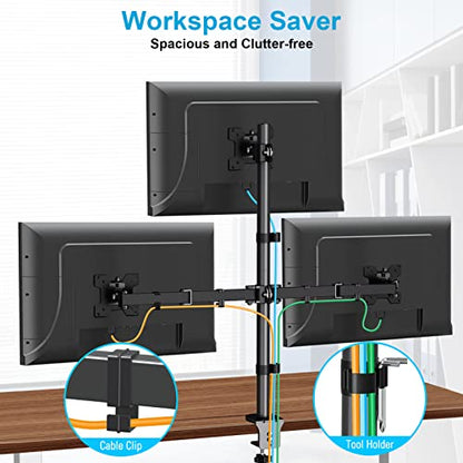 MOUNTUP Triple Monitor Stand, Height Adjustable Monitor Desk Mount Fit for 17 to 32 Inch Computer Screens, Stacked Monitors Arm for 3 Monitors, with C-Clamp and Grommet Base, up to 17.6lbs per Arm - size: Triple