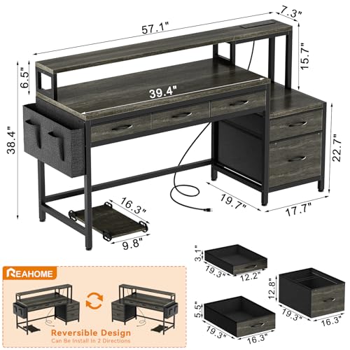 REAHOME 61 Inch Gaming Desk with Charging Station and LED Lights, Reversible Computer Desk with Storage Drawer and Monitor Stand, Modern Desk Table with File Cabinet & Side Pocket, Grey Oak - color: Grey Oak