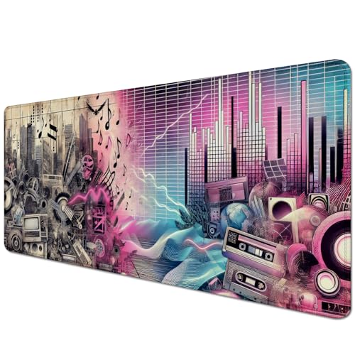 Music Theme Mouse Pad Desk Mat, Big Mousepad (27.5X11.8 in) | Non-slip base, high-density smooth surface with no stuttering,Washable and colorfast,suitable for office, study, and gaming - color: Chillwave Music
