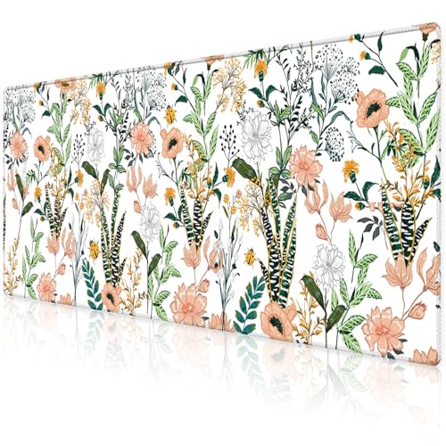 XXL Waterproof Office Desk Pad Protector 31.5x11.8 Inch - Extended Gaming Mouse Pad with Non-Slip Rubber Base, Thickened Keyboard Mat, Stitched Edges & Beautiful Floral Flowers Design - color: White
