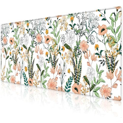 XXL Waterproof Office Desk Pad Protector 31.5x11.8 Inch - Extended Gaming Mouse Pad with Non-Slip Rubber Base, Thickened Keyboard Mat, Stitched Edges & Beautiful Floral Flowers Design - color: White