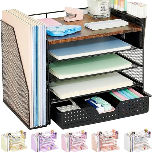 OPNICE Desk Organizer, 5-Tier Paper File Organizer with Drawer & Pen Holder, Office Desk Accessories, Workspace Desktop Organizer for Office Supplies(Brown Wood) - color: Wood, size: 5-tier