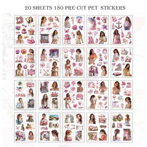 PET 20 Sheets 180 Pre-Cut Summer Stickers for Scrapbooking People Beach Scrapbook Sticker Transparent Stickers for journaling Junk journaling Supplies - color: Summer