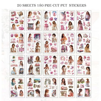 PET 20 Sheets 180 Pre-Cut Summer Stickers for Scrapbooking People Beach Scrapbook Sticker Transparent Stickers for journaling Junk journaling Supplies - color: Summer