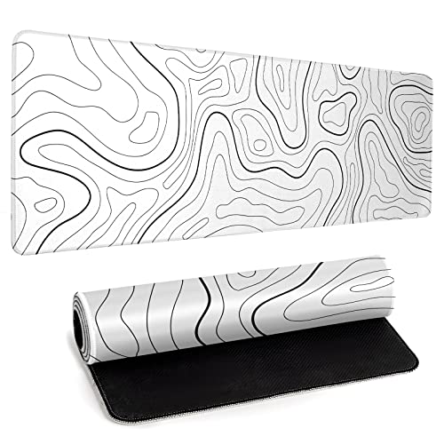 White Big Mousepad for Gaming Large Topographic Map Washable Desk Pad with Stitched Edge Office Supplies and Decor 31.5''x11.8'' Computer Keyboard Protector - color: Topographic Map White