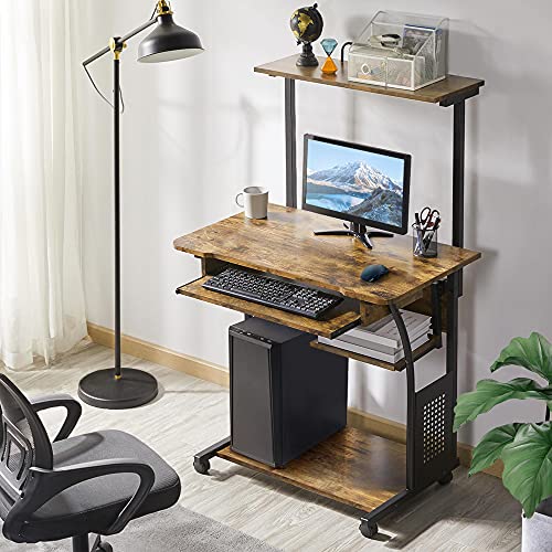 Yaheetech 3 Tiers Rolling Computer Desk with Keyboard Tray and Printer Shelf for Home Office, Mobile Computer Desk for Small Space, Retro Computer Table Compact PC Laptop Workstation, Rustic Brown - color: Rustic Brown