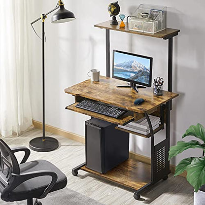 Yaheetech 3 Tiers Rolling Computer Desk with Keyboard Tray and Printer Shelf for Home Office, Mobile Computer Desk for Small Space, Retro Computer Table Compact PC Laptop Workstation, Rustic Brown - color: Rustic Brown