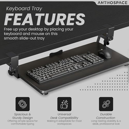Under Desk Keyboard Tray Slide Out, 25 x 9.8 Inch Clamp-On Pull Out Drawer with Mouse Space, Ergonomic Keyboard Holder for Comfortable Typing at Home and Office