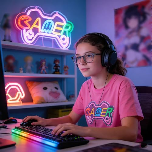 Gamer neon sign for teen girl room decor,Pink Neon Signs with USB and Dimmer switch,Gamer Neon Signs for wall decor,game room,kids,gift - size: gamer-pink