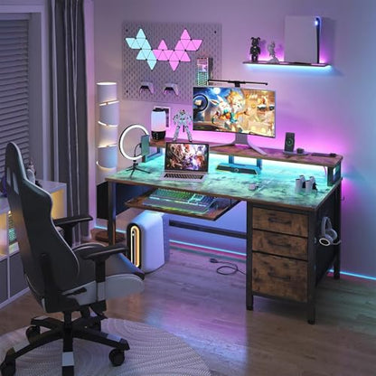 Lufeiya Gaming Desk with LED Lights and Power Outlets, 47 Inch Home Office Desks with Keyboard Tray, Computer Desk with File Drawers Cabinet, Writing Table PC Desks with Monitor Stand, Rustic Brown - color: Brown