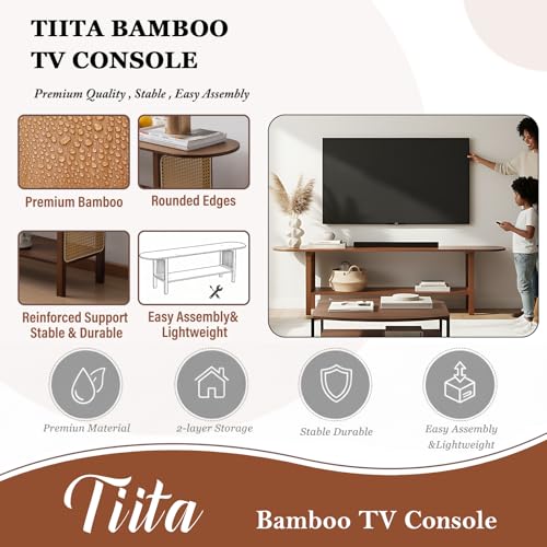 Tiita TV Stand with Storage for TVs up to 65'', Bamboo TV Console Entertainment Center with 2 Open Shelf, Mid Century Modern Media Console for Living Room, Bedroom, Walnut - color: Classic Walnut