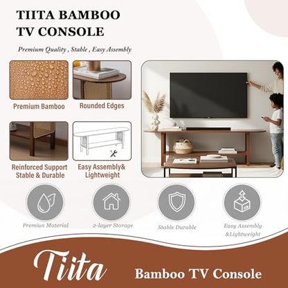 Tiita TV Stand with Storage for TVs up to 65'', Bamboo TV Console Entertainment Center with 2 Open Shelf, Mid Century Modern Media Console for Living Room, Bedroom, Walnut - color: Classic Walnut