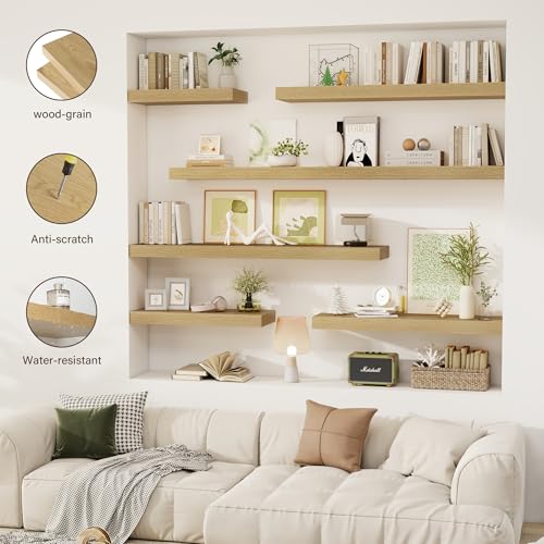 Acovy 24 Inch Floating Shelves, 12" Deep Floating Shelf Wall Mounted, 24" Wall Shelves, Rustic Deep Bookshelf, Extra Deeper & Thicker Display Shelves for Bedroom, Living Room, Oak, Set of 2 - color: Oak, size: 12"Wx24"L-2pcs