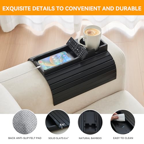 GEHE Bamboo Couch Cup Holder, Anti-Spill Sofa Arm Tray, Natural and Easy to Clean Couch Arm Cup Holder Armrest Tray Perfect for Cups, Beers, Snacks, Remote Control, Drinks - color: Black