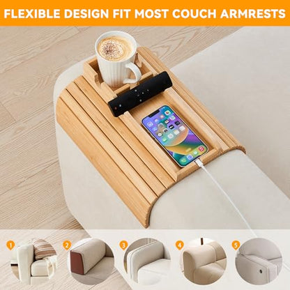 GEHE Bamboo Couch Cup Holder, Anti-Spill Sofa Arm Tray, Natural and Easy to Clean Couch Arm Cup Holder Armrest Tray Perfect for Cups, Beers, Snacks, Remote Control, Drinks - color: New Design-Bamboo