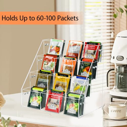 Tea Bag Organizer Holder, Acrylic Tea Packets Storage Box Container Display Stand Rack for Counter Cabinet Countertop Kitchen Office, 4 Tier - size: 4 Tier: 10.4" L X 7.1" W X 10" H
