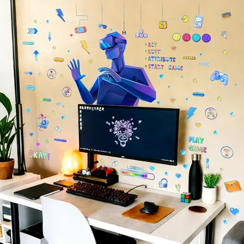 Game Wall Stickers Futuristic Gaming Room Wall Decals Peel and Stick Mural Decor for Teen Bedroom Game Space (Blue Game)