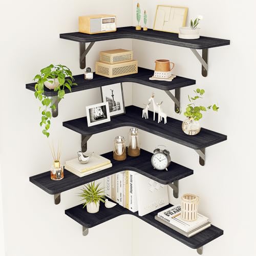 Fixwal Corner Shelves Wall Mounted Set of 5, Floating Shelves for Wall Bathroom, Kitchen, Bedroom, Home Decor, Laundry Room, Living Room (Black) - color: 3-black