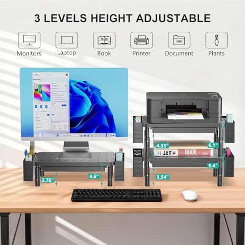 WALI Computer Monitor Stand with Storage, Desk Organizer with Drawer and Pen Holder, Desk Monitor Riser 3 Height Adjustable, Laptop Riser for Computer, Laptop, Printer(PTT003-B), 1 Pack, Black - color: Black, size: 14.6"L * 9.3"W,11" 1 Drawer, 2 Pen Holde