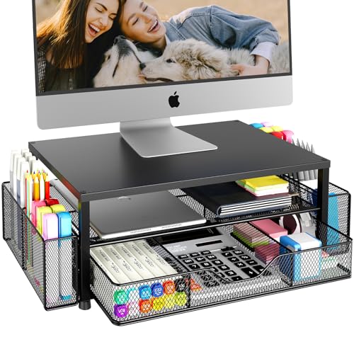 OPNICE Desk Organizer and Accessories, 2-Tier Computer Monitor Stand Riser with Drawer and 2 Pen Holders, Laptop Stand, Office Desk Accessories for Office Supplies, Black - color: Black 1-Pack, size: Single
