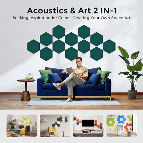 Self-Adhesive Acoustic Panels [390 lbs/yd³ Ultra-High Density], 2nd Generation Sound Absorbing Panel, Professional Level Sound Panel, Polyester Soundproof Foam [Medium Hexagon, Dark Green] - color: Dark Green, size: Medium Hexagon (12''x10''x0.4'')