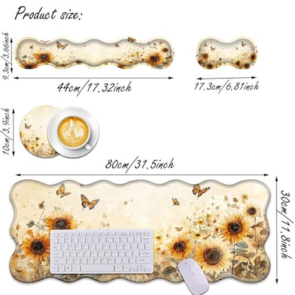 Bxgolkgd Desk Mat Set,Mouse Pad with Keyboard Wrist Rest & Mouse Wrist Rest,Wave-Shaped Design,Non-Slip Rubber Base,Ergonomic Desk Mat for Home,Office,Gaming,Sunflower Butterfly - color: Sunflower Butterfly