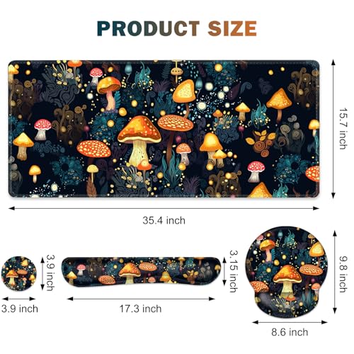 Gaming Mouse Pad, Large Desk Mat, Cute Desk Pad Protector, 4in1 XXL Mousepad + Keyboard Wrist Rest+Mouse Wrist Rest+Coaster Set with Ergonomic Desk Pad for Home Office Table Computer, Lovely Mushroom - color: Lovely Mushroom