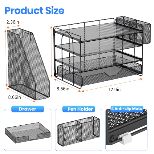 OPNICE Desk Organizer, 4-Tier Desktop File Organizer with Drawer and Pen Holders, Office Desk Accessories, File Sorters, Workspace Organizers for Office Supplies(Black - Metal Pen Holder) - color: Black - Metal Pen Holder, size: 4-tier