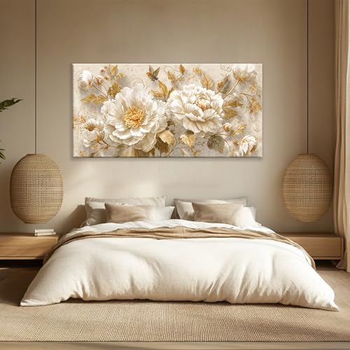 YISXINOAG Large Gold Flower Wall Art Modern Canvas Art Floral Wall Art for Living Room Modern Floral Painting Flower Abstract Artwork Pictures for Bedroom Canvas Wall Decorations Size 29"X58" - color: gold beige, size: 58"L x 29"W