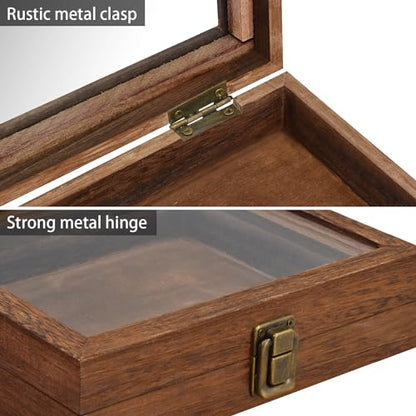 MOOCA Tempered-Glass Top 2 pieces Set Small Wooden Jewelry Display Case with Removable Black Luxurious Velvet Jewelry Display Pad, Deeper 2.2" Design for Collectibles, Brown Color. - color: Brown With Velvet Pad, 2 pieces