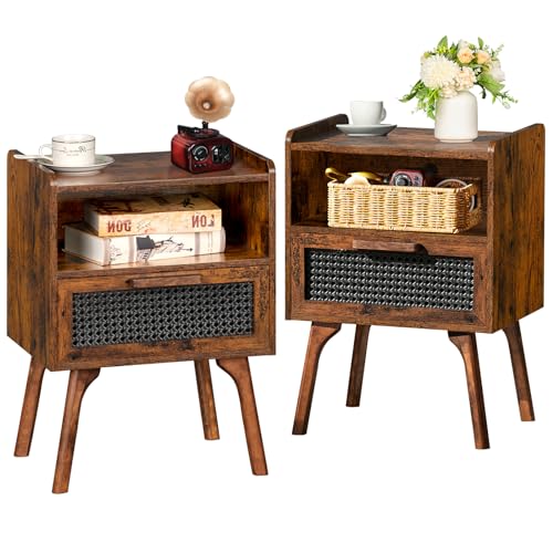 Lerliuo Rattan Nightstands Set of 2, Boho Side Table with Drawer Open Shelf, Cane Accent Bedside End Table with Solid Wood Legs for Bedroom, Dorm and Small Spaces (Brown) - color: Brown, size: 2 pack