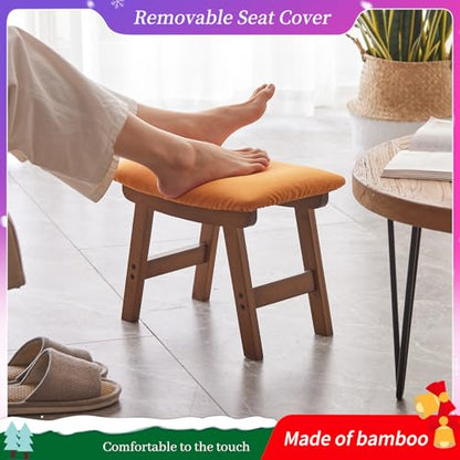 Kitsanery Foot Stool,Ottoman,Bamboo Small Sofa Foot Rest Under Desk,Extra Seating for Living Room, Bedroom and Kitchen(Brown Stool Legs - Orange Surface) - color: Brown Stool Legs - Orange Surface