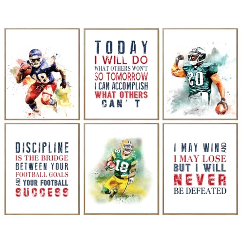 Football Motivational Posters - Inspirational Art Prints For Boys Bedroom, Teenage Room Decor - Set Of 6 8x10 In