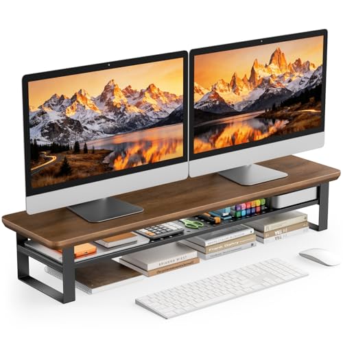 Dual Monitor Stand, 35.4 Inch Monitor Stand Riser for 2 Monitors, 2 Tiers Wood Desk Shelf with Storage, Desktop Organizer Stand for Computer, Laptop, Printer, TV - color: Black Walnut, size: 35.4in