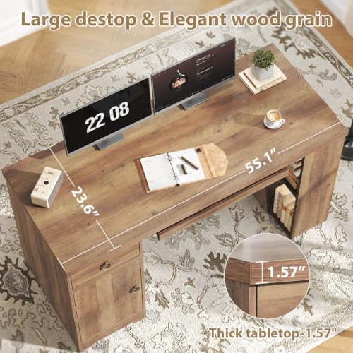 HSH 55" Executive Computer Desk,Farmhouse Home Office Desk with Storage Drawers and Keyboard Tray, Rustic Wood Work Study Writing Pc Table Studio Desks Wooden Workstation with Shelves and Cabinet - color: Rustic Oak