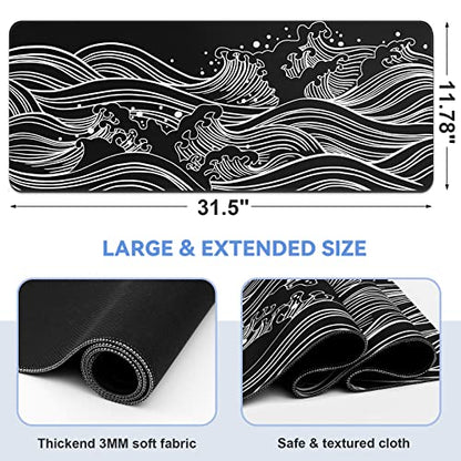 DIGSOM Gaming Mouse Pad Black and White Sea Wave Pattern, 31.5 x 11.8in | XL Mouse mat, Smooth surface, Anti-slip rubber base, For keyboard and mouse, For home and office use - color: Black Sea Wave