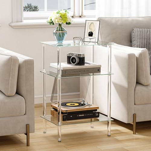 Tempered Glass Side Tables Set of 2 Acrylic End Table with 3 Storage Shelve transparent Bedside simplicity clear 3-Tier Nightstands small Spaces Office Bedroom Living Room Study Transparent ET-008TR3T - color: Transparent, size: 3 tier High