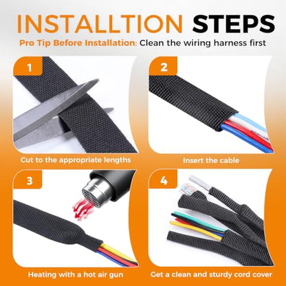 Black 2:1 Ratio Automotive Heat Shrink Braided Sleeving,Wear-Resistant Flat Woven Shrinkable Sleeve Fabric Car Cable Wires Hoses Protection (1/4"-26ft) - size: 1/4"-26ft