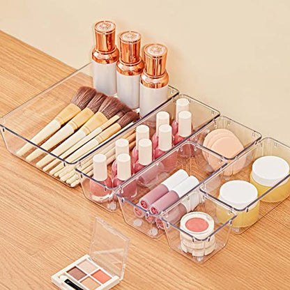 SMARTAKE 28 Piece Drawer Organizers with Non-Slip Silicone Pads, 4-Size Desk Drawer Organizer Trays Storage Tray for Makeup, Jewelries, Utensils in Bedroom Dresser, Office and Kitchen, Clear - size: 28 PCS