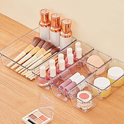 SMARTAKE 28 Piece Drawer Organizers with Non-Slip Silicone Pads, 4-Size Desk Drawer Organizer Trays Storage Tray for Makeup, Jewelries, Utensils in Bedroom Dresser, Office and Kitchen, Clear - size: 28 PCS