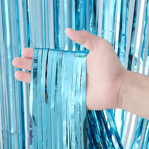 Voircoloria 3 Pack 3.3x8.2 Feet Light Blue Foil Fringe Backdrop Curtains, Tinsel Streamers Birthday Party Decorations, Fringe Backdrop for Graduation, Baby Shower, Gender Reveal, Disco Party - color: 14 Light Blue