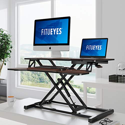 FITUEYES Height Adjustable Standing Desk 32” Wide Sit to Stand Converter Stand Up Desk Tabletop Workstation for Laptops Dual Monitor Riser Brown SD308002WE - color: Brown