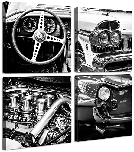 DJSYLIFE Black and White Wall Art Vintage Car Posters Decor Mens Bedroom Boys Room Office Paintings Canvas Pictures Framed Ready to Hang 12" W×12" H×4 PCS - color: Black car