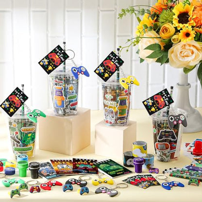 RoundFunny 133 Pcs Video Game Party Favors Gamer Birthday Party Decorations Gamer Cups Notebook Pencils Sharpener Keychain Slap Bracelets Ring Stamp Sticker for Gaming Supplies Reward Gift