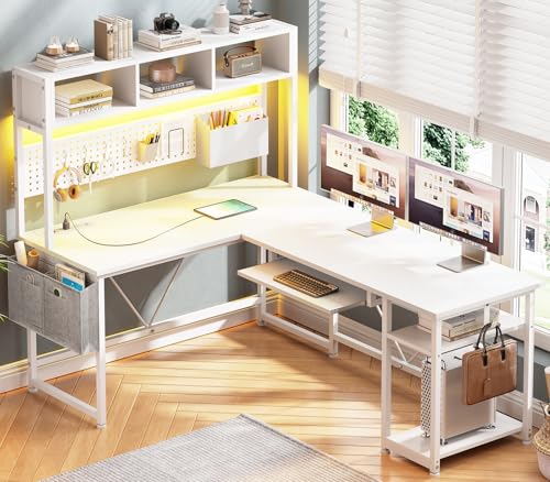 SEDETA White L Shaped Office Desk, 57.5” Corner Computer Desk with Power Outlet Pegboard and Keyboard Tray, Gaming Table with LED Lights, Hutch and Storage Shelves for Home Office - color: White