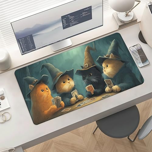 Wizard Cats Playing Cards Playmat, 35.4 x 15.7 Inches, Board Game Mat, Whimsical Fantasy Art Desk Mat | Mouse Pad - color: Cats Playing Cards