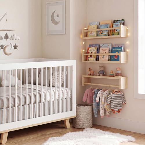 Fixwal Nursery Shelves, 16.5 Inch Floating Bookshelves for Wall Set of 3, Baby Nursery Decor, Solid Wood Wall Mounted Shelves for Books (Natural Wood) - color: Natural, size: 16.5inches